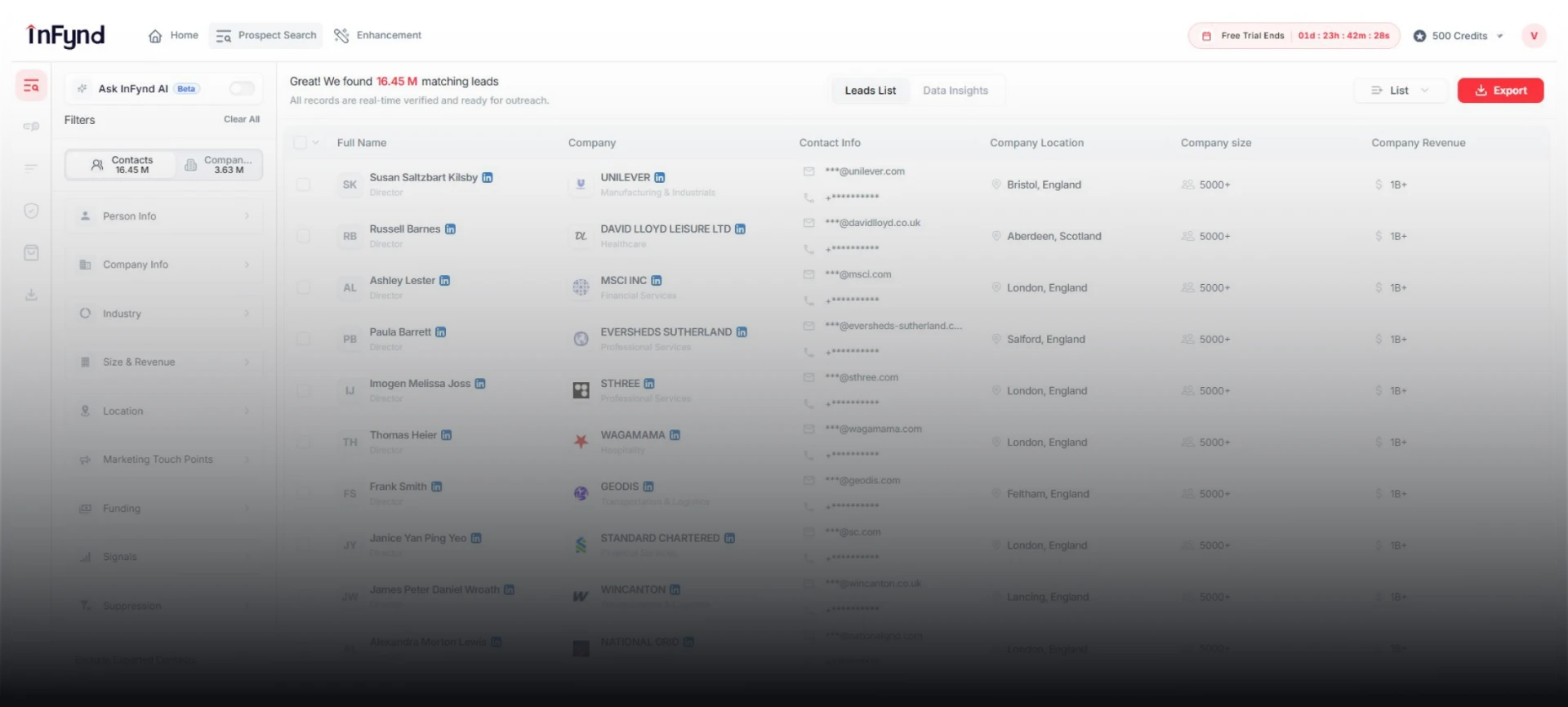 InFynd Prospect Search dashboard with verified leads