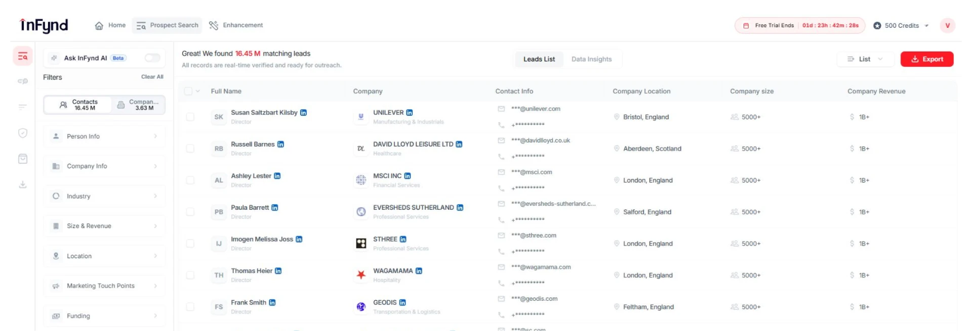 InFynd Prospect Search dashboard with verified leads and company filters